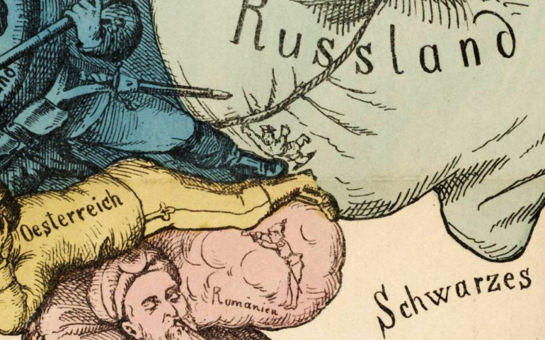 Close-up showing a small man being crushed under Russia from Arnold Neumann's map of Europe from 1870
